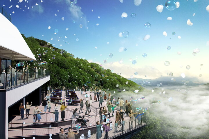 天空の絶景♪雲に⾒⽴てたシャボン⽟で⻘空を彩る「雲海テラスオープニングセレモニー2024」